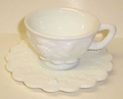 Westmoreland Milk Glass PANELED GRAPE Tea or Coffee CUP and SAUCER