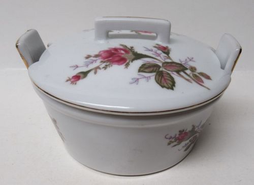 Sango China Japan MOSS ROSE BUTTER TUB with LID, Gold Trim