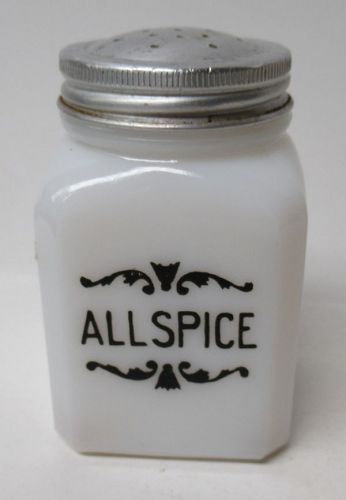 McKee Milk Glass TIPP ALLSPICE Black Scroll 3 1/4 Inch SHAKER