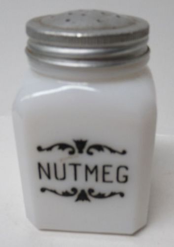 McKee Milk Glass TIPP NUTMEG Black Scroll 3 1/4 Inch SHAKER