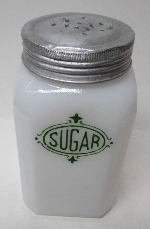 McKee Milk Glass Green SHIELD SUGAR Shaker with Original Lid