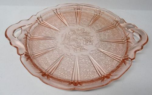 Jeannette Glass Pink CHERRY BLOSSOM 10 1/2 In Two Handled TRAY