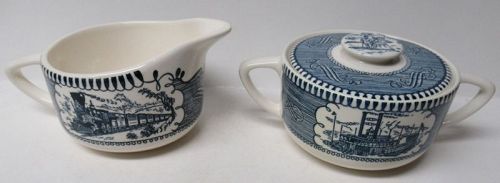 Royal China Blue CURRIER and IVES Creamer, Sugar Bowl with Lid