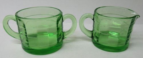 Hocking Depression Green BLOCK OPTIC SQUATTY CREAMER and SUGAR