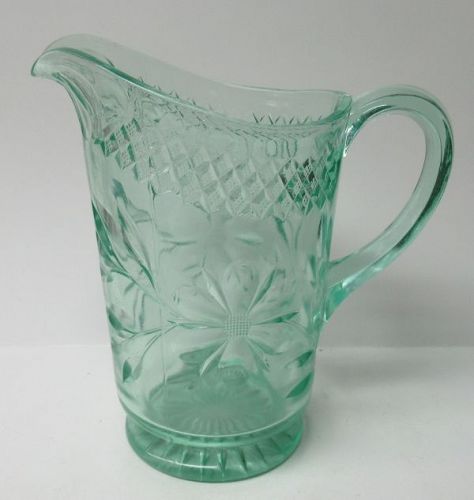 US Glass Green FLORAL and DIAMOND BAND 8 In 42 Ounce PITCHER