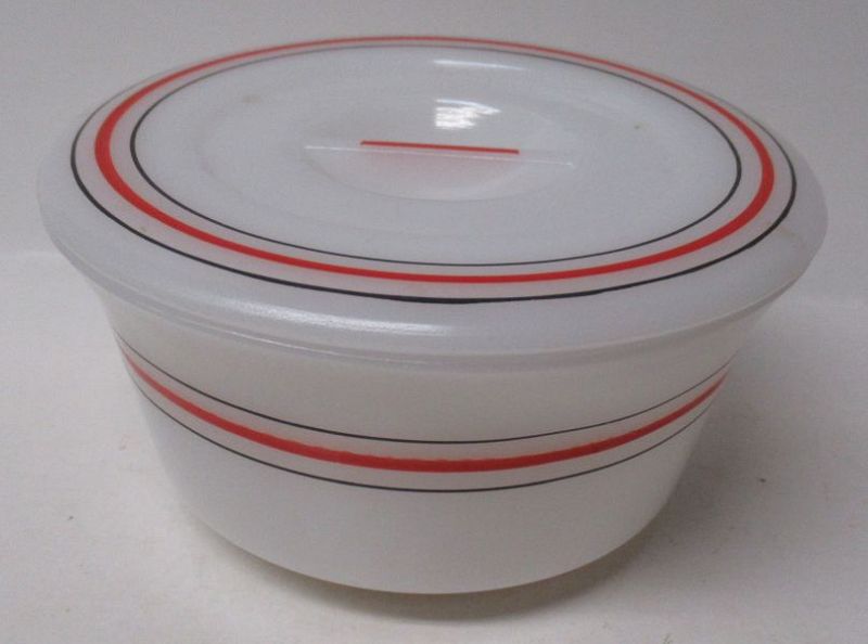 Hazel Atlas White w/Red Black Striped 5 Inch Round REFRIGERATOR DISH