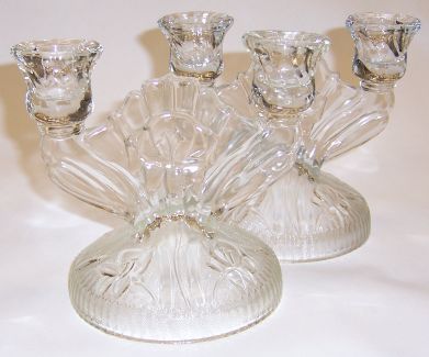 Jeannette Glass Crystal IRIS and HERRINGBONE CANDLE STICKS, Pair