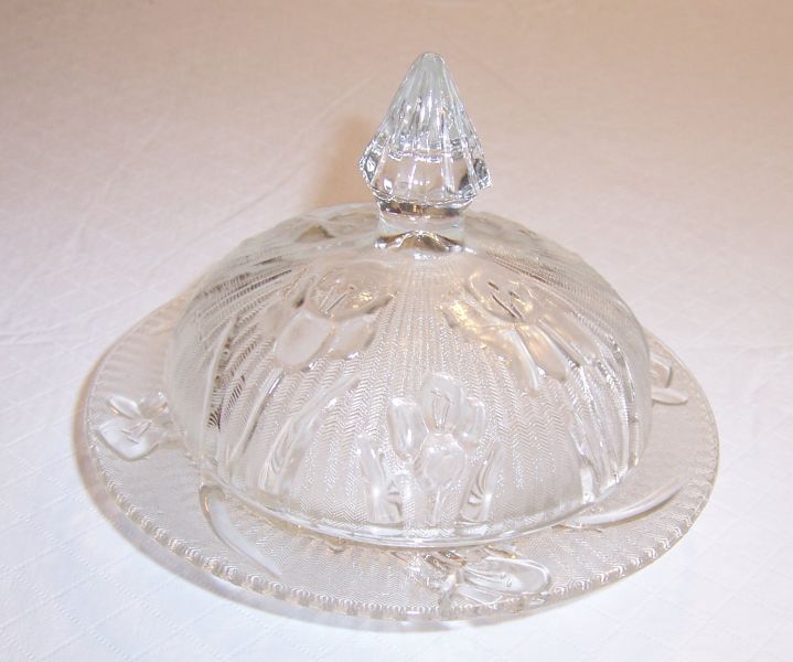 Jeannette Depression Crystal IRIS and HERRINGBONE BUTTER DISH w/LID