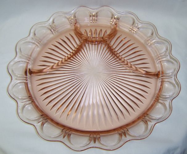 Hocking Glass Pink OLD COLONY, aka Lace Edge 12 3/4 In 4-Part PLATE