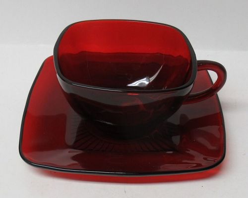 Anchor Hocking Fire King Ruby Red CHARM Square CUP and SAUCER