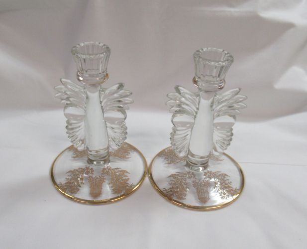 Paden City Crystal Gold Encrusted GAZEBO 6 In CANDLE STICKS, Pair