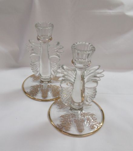 Paden City Crystal Gold Encrusted GAZEBO 6 In CANDLE STICKS, Pair