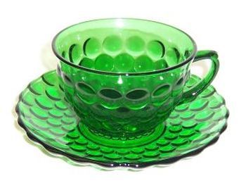 Anchor Hocking Fire King Forest Green BUBBLE CUP and SAUCER