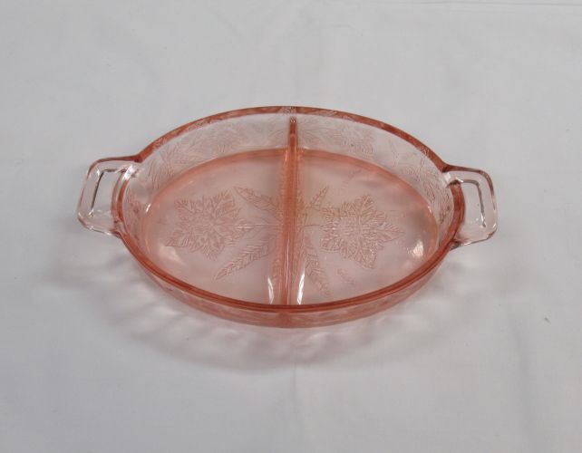 Jeannette Glass Pink FLORAL POINSTTIA 8 In 2-Part RELISH DISH