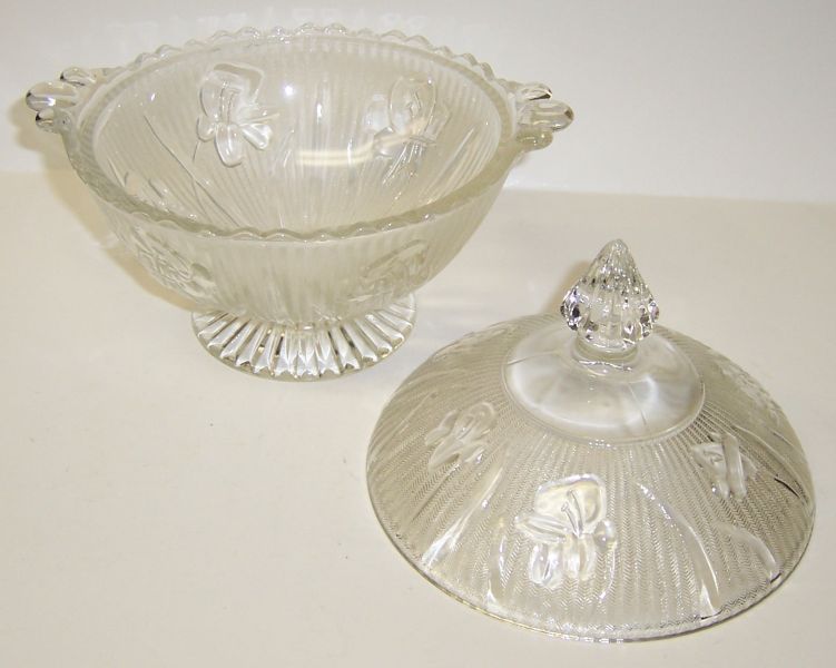 Jeannette Crystal IRIS and HERRINGBONE Footed CANDY DISH with LID