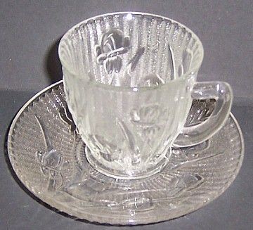 Jeannette Crystal IRIS and HERRINGBONE DEMITASSE CUP and SAUCER