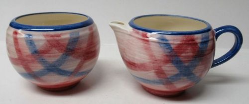 Metlox Vernon Ware Pink Blue 3 Inch PLAID CREAMER and SUGAR BOWL