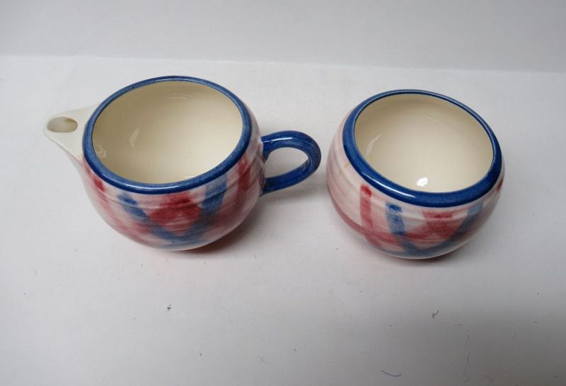 Metlox Vernon Ware Pink Blue 3 Inch PLAID CREAMER and SUGAR BOWL