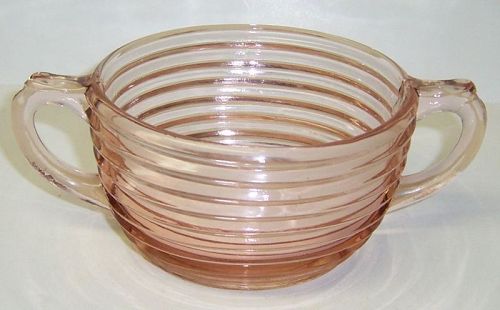 Hocking Pink MANHATTAN, aka Horizontal Ribbed, 2 Hdld Oval SUGAR BOWL