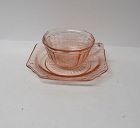 Hocking Pink MAYFAIR, aka Open Rose, CUP and SAUCER with Cup Ring-HTF