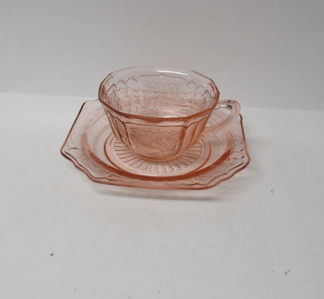 Hocking Pink MAYFAIR, aka Open Rose, CUP and SAUCER with Cup Ring-HTF