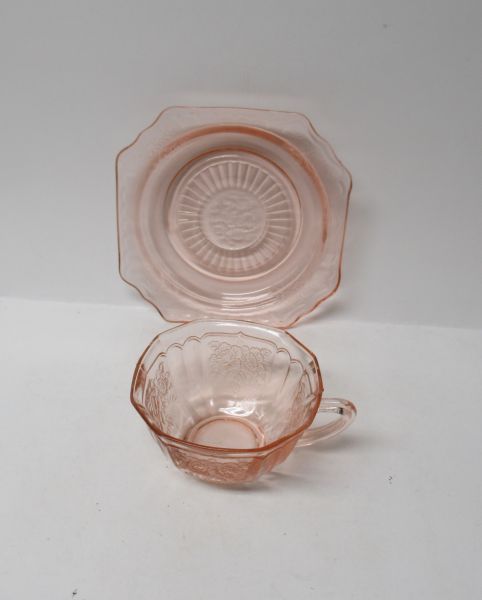 Hocking Pink MAYFAIR, aka Open Rose, CUP and SAUCER with Cup Ring-HTF