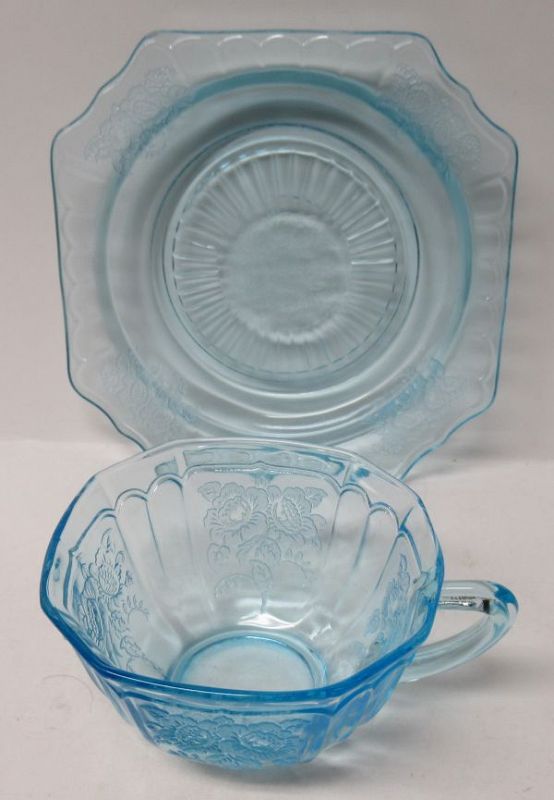 Hocking Depression Glass Blue MAYFAIR, aka Open Rose, CUP and SAUCER