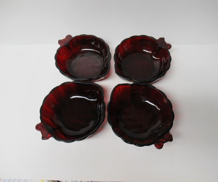 Anchor Hocking Ruby Red 4 1/2 Inch LEAF Dessert Bowls, Set of Four (4)