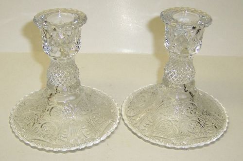Duncan and Miller Crystal SANDWICH 4 1/2 Inch High CANDLE STICKS, Pair