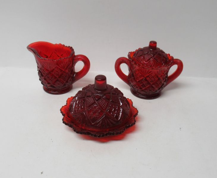 Westmoreland Glass Red FAN and FILE CHILDS BUTTER DISH, CREAMER SUGAR