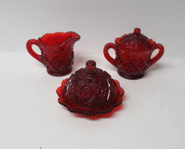 Westmoreland Glass Red FAN and FILE CHILDS BUTTER DISH, CREAMER SUGAR