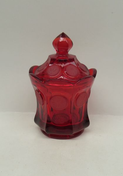 Fostoria Glass Ruby Red COIN 6 1/4 Inch High SUGAR BOWL CANDY with LID