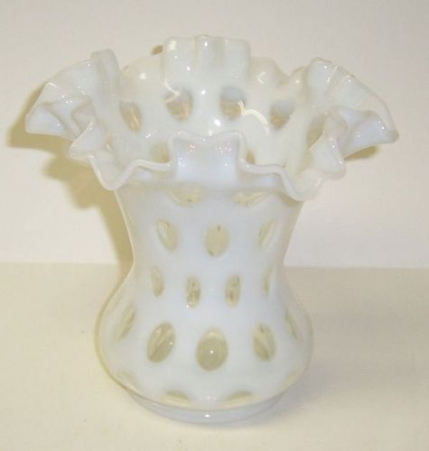 Fenton Art Glass White COIN SPOT 6 1/4 Inch Ruffled Top FLOWER VASE