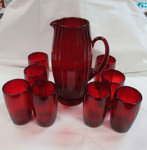 New Martinsville Glass Ruby Red OSCAR 9 Pc WATER PITCHER & TUMBLER SET