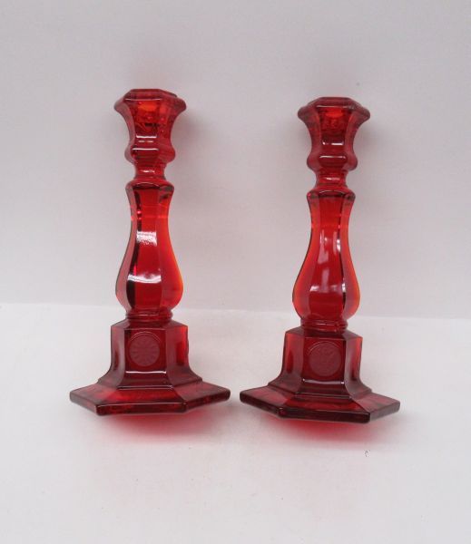 Fostoria Glass ruby Red COIN 8 Inch High Single CANDLE STICKS, Pair