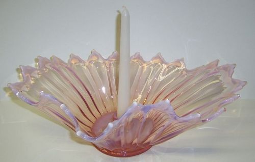 Fostoria Glass Pink Opalescent HEIRLOOM CONSOLE BOWL w/CANDLE HOLDER