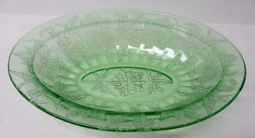 Jeannette Depression Glass Green FLORAL POINSETTIA 9 Inch OVAL BOWL