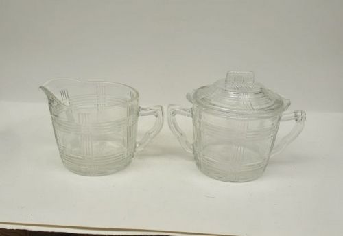 Hazel Atlas Crystal CRISS CROSS CRISSCROSS CREAMER, SUGAR BOWL w/LID