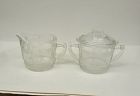 Hazel Atlas Crystal CRISS CROSS CRISSCROSS CREAMER, SUGAR BOWL w/LID