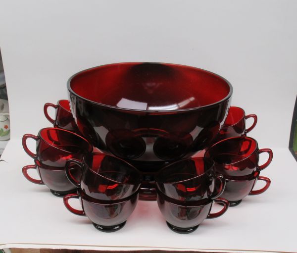 Anchor Hocking Fire King ROYAL RUBY Red 14 Piece PUNCH BOWL SET, OB