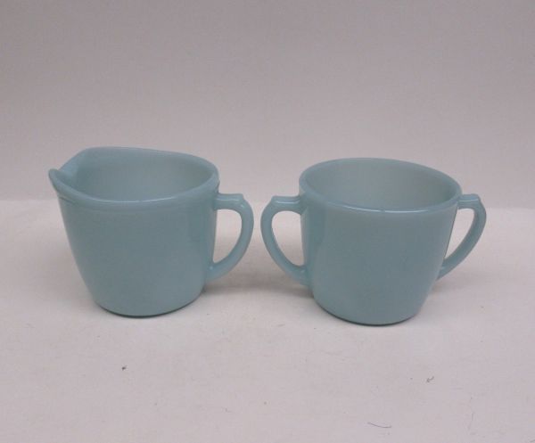 Anchor Hocking Fire King TURQUOISE BLUE Handled CREAMER and SUGAR BOWL