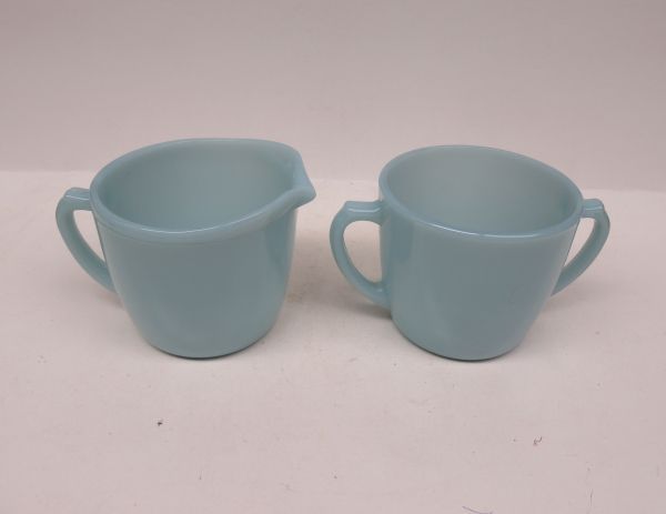 Anchor Hocking Fire King TURQUOISE BLUE Handled CREAMER and SUGAR BOWL