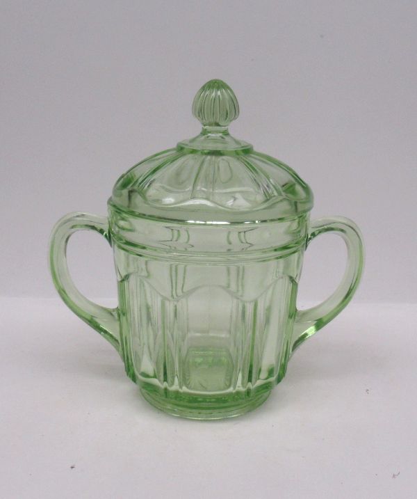 Hocking Green COLONIAL Knife and Fork Two-Handled SUGAR BOWL with LID