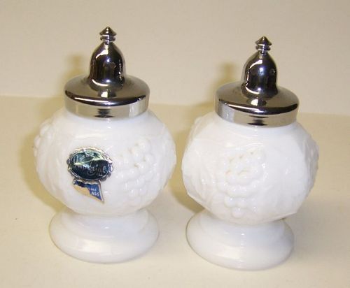 Imperial Milk Glass GRAPE Footed SALT and PEPPER Shakers, Orig. Label