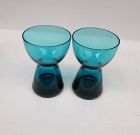 Morgantown Glass PEACOCK BLUE 4 Inch High CANDLE HOLDERS, Pair