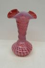 Fenton Glass Cranberry Opalescent SPIRAL OPTIC 7 1/2 Ruffled Top VASE