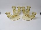 Fostoria Topaz Yellow BAROQUE Triple Lite CANDLE HOLDERS, Pair