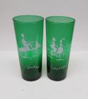 2-Anchor Hocking FOREST GREEN Tumblers-GAS BUGGY-BICYCLE BUILT For TWO