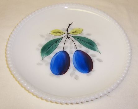 Westmoreland Milk Glass BEADED EDGE 7 1/4 In Hand Painted PLUM PLATE