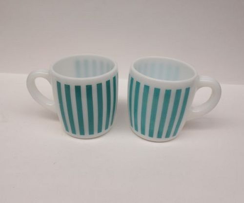 2 - Hazel Atlas Milk White wtih Turquoise CANDY STRIPE HANDLED MUGS
